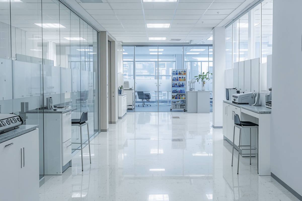 Bright commercial interior with glass partitions